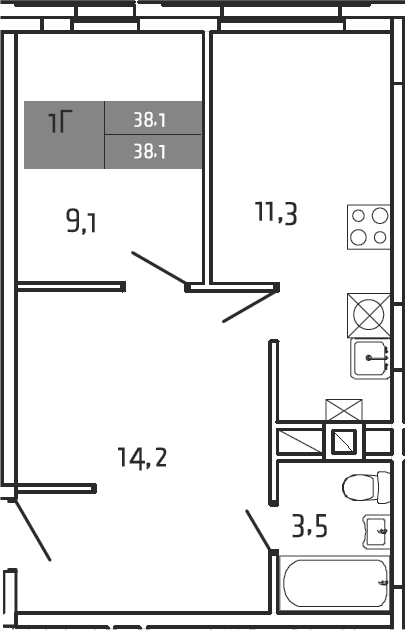 1-комн., 38.1 м², 1/4 этаж, ЖК «Южная Долина»