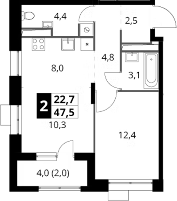 2-комн., 45.5 м², 23/25 этаж, ЖК «1-й Саларьевский»