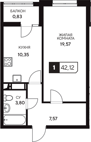 1-комн., 41.29 м², 17/20 этаж, ЖК «Центральный. Гамма»
