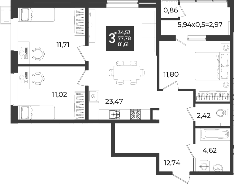 3-комн. квартира, 77.78 м² в ЖК Образцово — фото 2