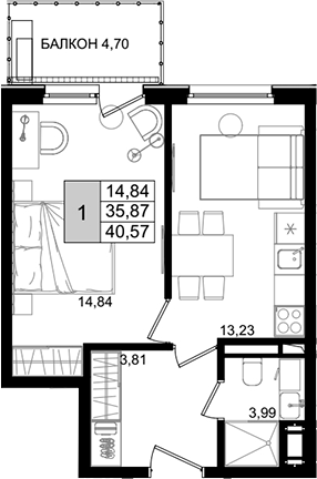2-комн., 34.72 м², 6/8 этаж, ЖК «IT гостиничный комплекс Корсаков»