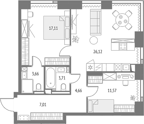 3-комн., 73.84 м², 21/47 этаж, ЖК «Апсайд Тауэрс»