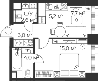 2-комн., 37.6 м², 15/71 этаж, ЖК «Веер»