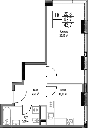 1-комн., 43.7 м², 32/35 этаж, ЖК «Мираполис»