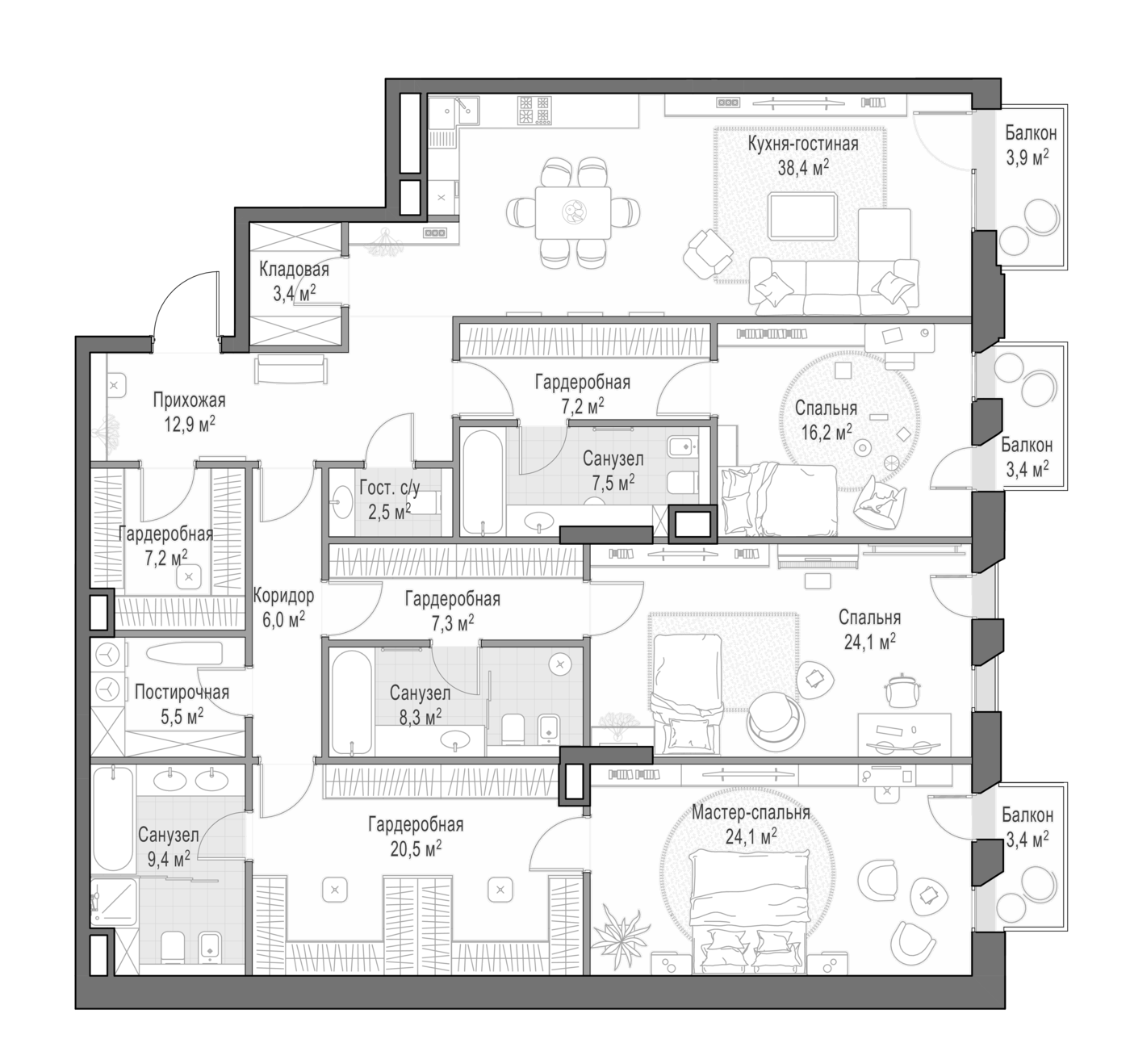 4+ комнаты, 204 м², 3/6 этаж, ЖК «Клубный дом Обыденский №1»