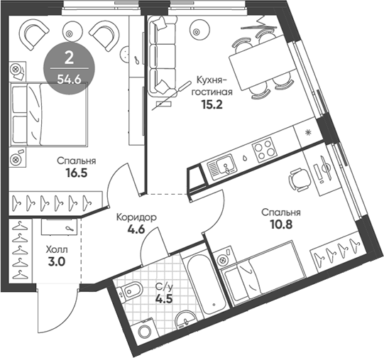 3-комн., 54.6 м², 8/9 этаж, ЖК «Шагал»