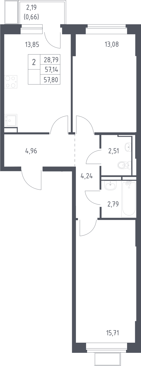 2-комн., 57.14 м², 12/12 этаж, ЖК «Новое Видное»