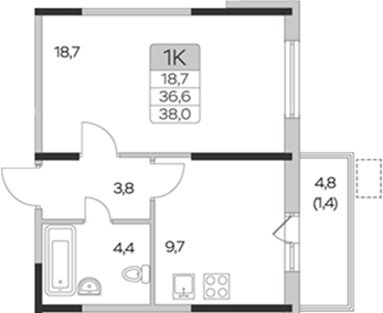 1-комн., 36.6 м², 4/9 этаж, ЖК «Пироговская ривьера. Мытищи»