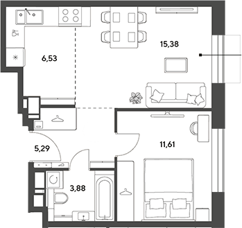 2-комн., 42.69 м², 2/15 этаж, ЖК «Публицист»