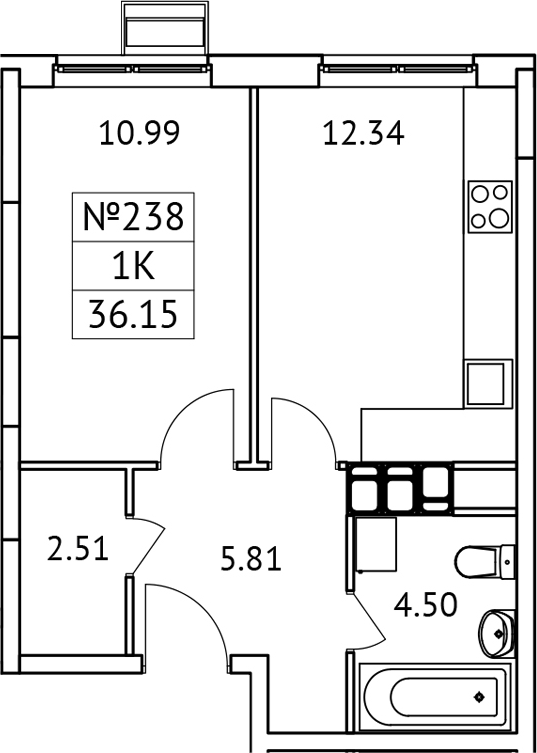 1-комн., 36.15 м², 16/17 этаж, ЖК «Новотомилино»