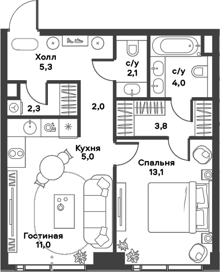 2-комн., 48.6 м², 34/39 этаж, ЖК «АЛИА»