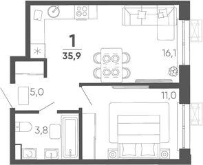 1-комн. квартира, 35.9 м² в ЖК Барса — фото 2