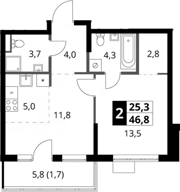 2-комн., 45.1 м², 9/9 этаж, ЖК «1-й Ясеневский»