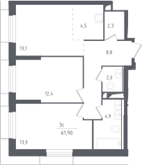 3-комн., 61.9 м², 17/28 этаж, ЖК «Скай Спутник»