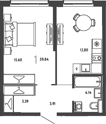 1-комн., 39.84 м², 19/25 этаж, ЖК «Страна.Парковая»