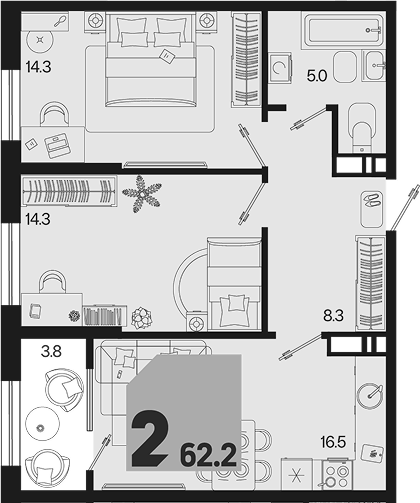 3-комн. квартира, 58.4 м² в ЖК Первое место — фото 2