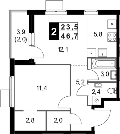 2-комн., 44.7 м², 21/25 этаж, ЖК «1-й Измайловский»