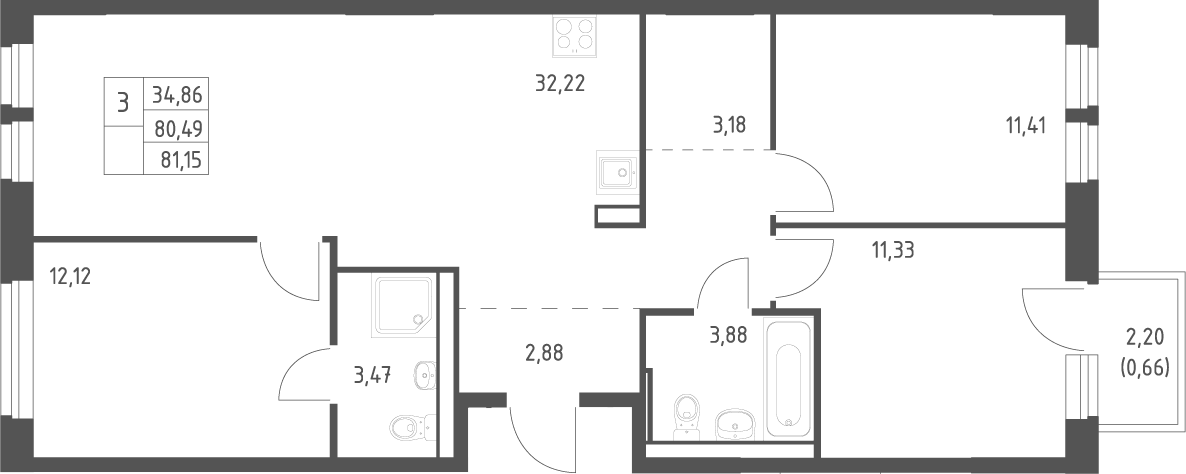 4+ комнаты, 80.49 м², 15/17 этаж, ЖК «Квартал Ивакино»