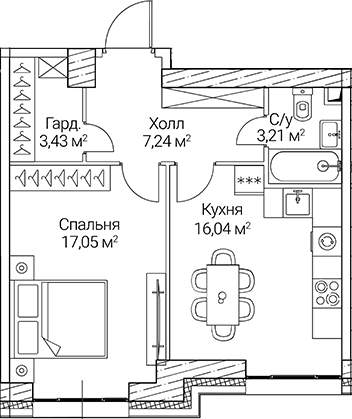 1-комн., 46.97 м², 2/51 этаж, ЖК «СЕЗАР СИТИ»