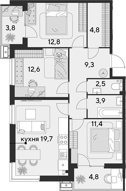 4-комн. квартира, 77 м² в ЖК Парк Победы — фото 2