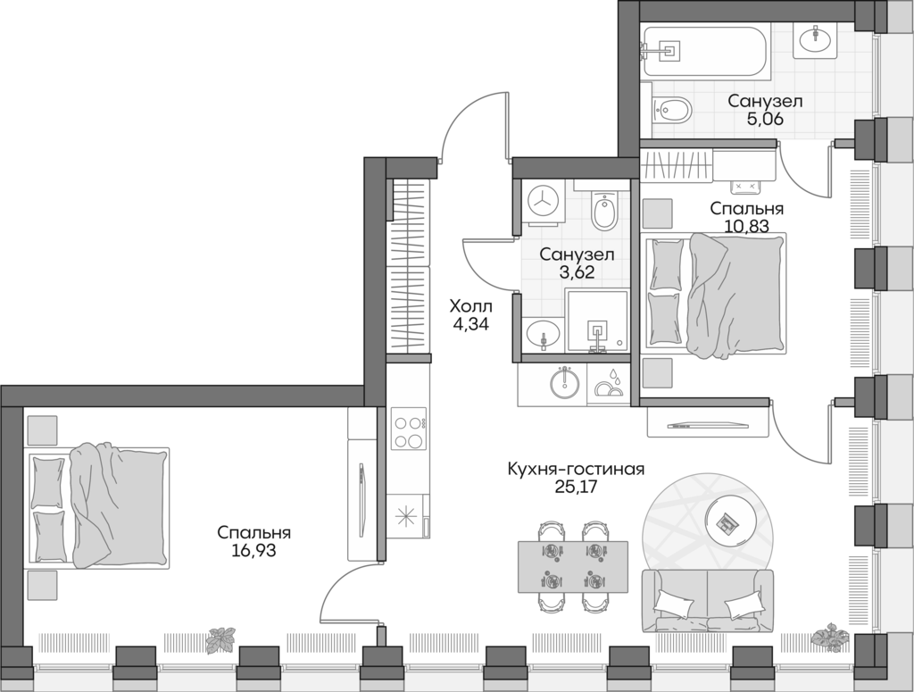 3-комн., 61.7 м², 13/16 этаж, ЖК «Инсайдер»