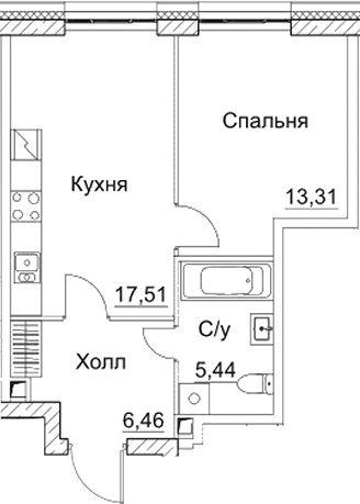 2-комн., 42.72 м², 14/28 этаж, ЖК «СЕЗАР СИТИ»