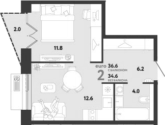 2-комн., 34.6 м², 10/12 этаж, ЖК «Страна.Заречная»