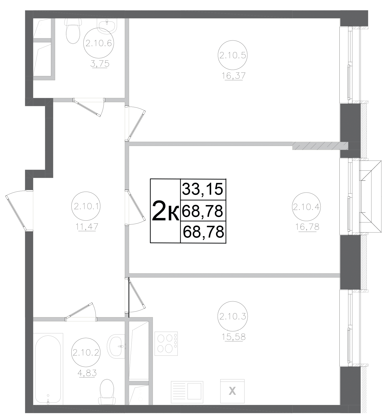 2-комн., 68.78 м², 11/17 этаж, ЖК «Авиатор-2»