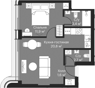 2-комн., 40.4 м², 31/52 этаж, ЖК «Сити Бэй»