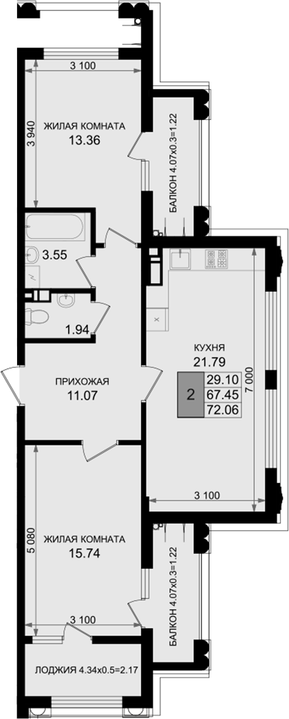 2-комн., 67.45 м², 2/8 этаж, ЖК «Резиденция морей»