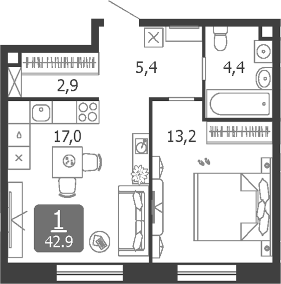 2-комн., 42.9 м², 10/19 этаж, ЖК «Шагал»
