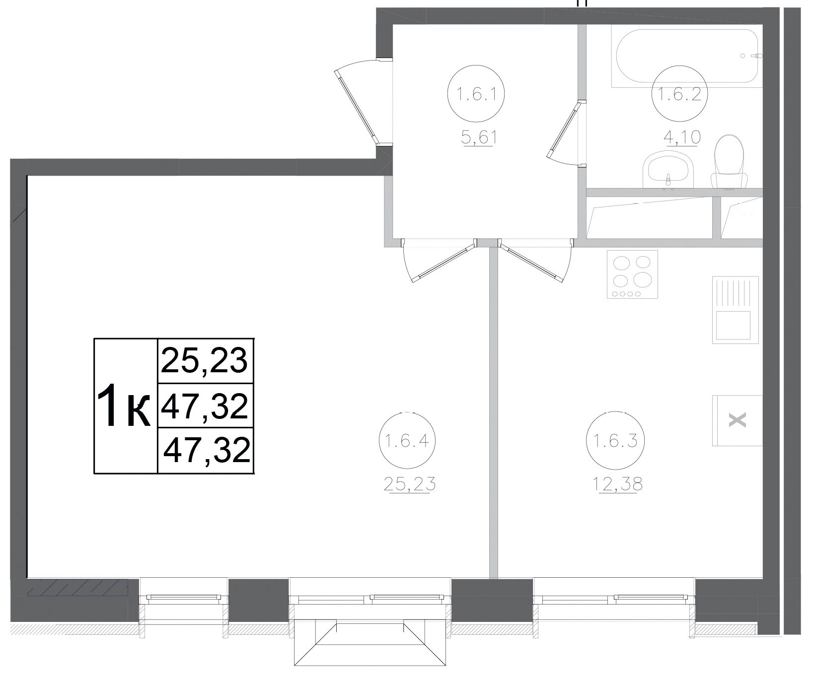 1-комн., 47.32 м², 15/15 этаж, ЖК «Авиатор-2»