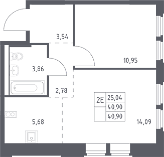 2-комн., 40.9 м², 10/17 этаж, ЖК «Космический Квартал»