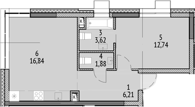 2-комн., 43.41 м², 9/21 этаж, ЖК «N'ICE LOFT»