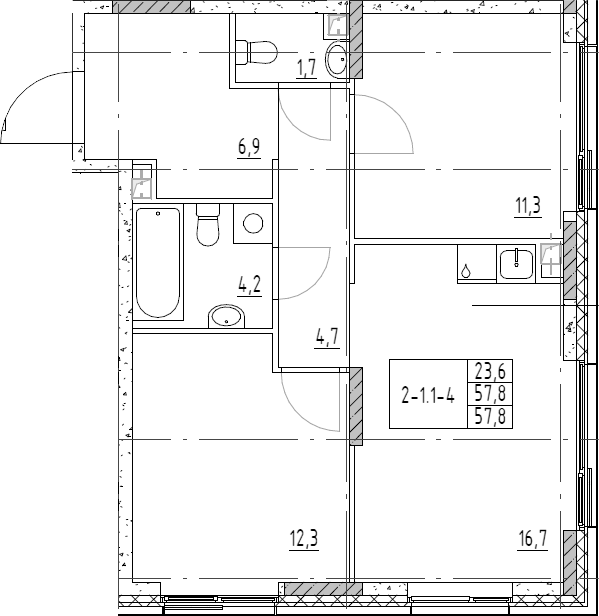 3-комн., 57.8 м², 11/19 этаж, ЖК «Шагал»