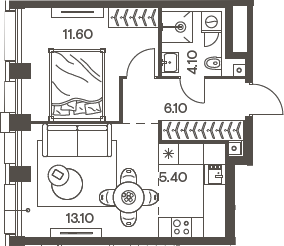 2-комн., 40.3 м², 22/33 этаж, ЖК «Инджой»
