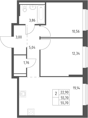 3-комн., 55.7 м², 2/9 этаж, ЖК «Большое Юрлово»