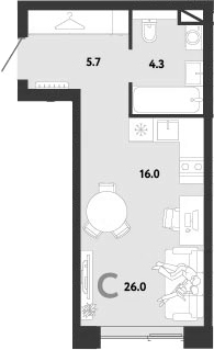 Студия, 26 м², 32/38 этаж, ЖК «Страна.Заречная»