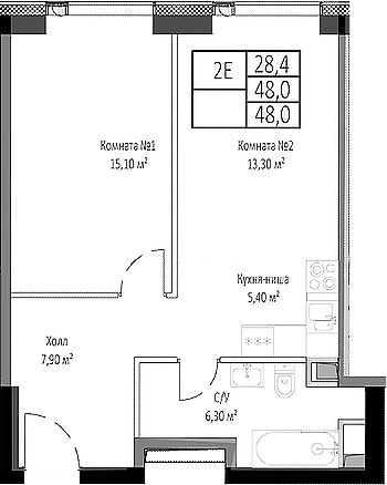 2-комн., 48 м², 6/35 этаж, ЖК «Мираполис»