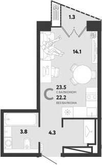 Студия, 22.2 м², 4/12 этаж, ЖК «Страна.Заречная»