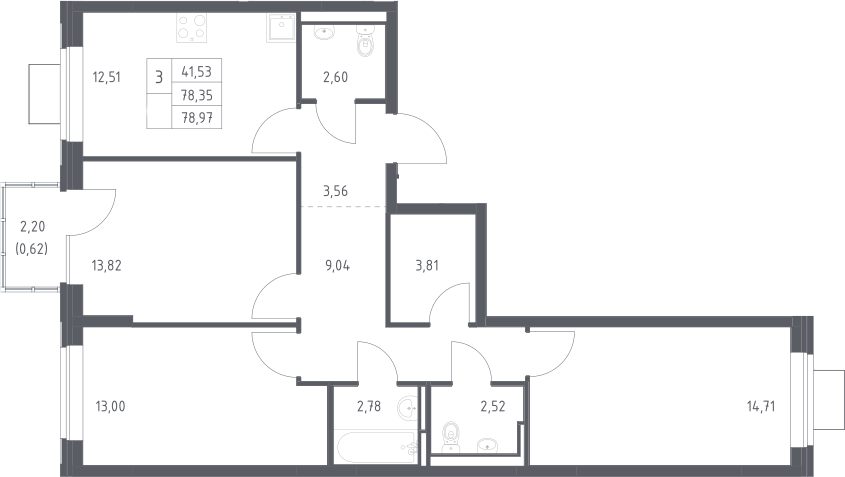 3-комн., 78.35 м², 12/12 этаж, ЖК «Богдановский лес»