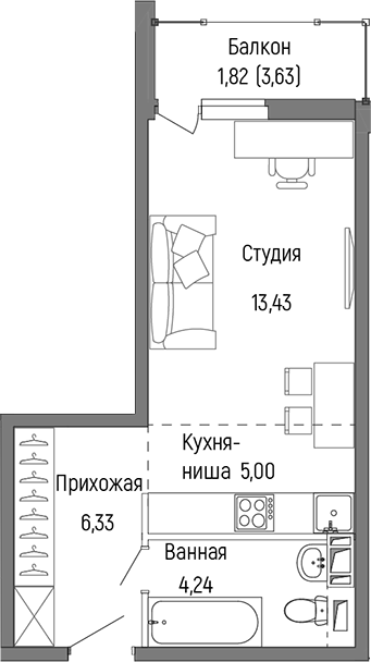 Студия, 29 м², 6/9 этаж, ЖК «Рига Хиллс»