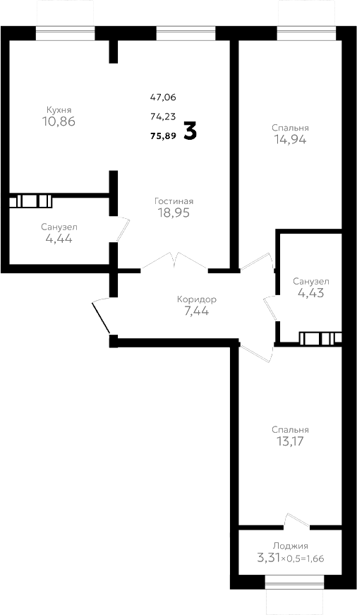 3-комн., 74.23 м², 10/16 этаж, ЖК «Твин парк»