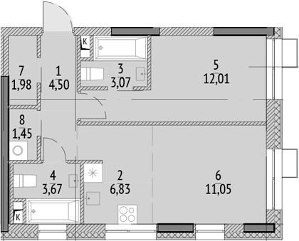 2-комн., 44.56 м², 16/21 этаж, ЖК «N'ICE LOFT»