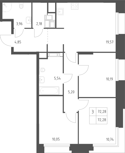 3-комн., 72.28 м², 21/23 этаж, ЖК «Тропарево Парк»
