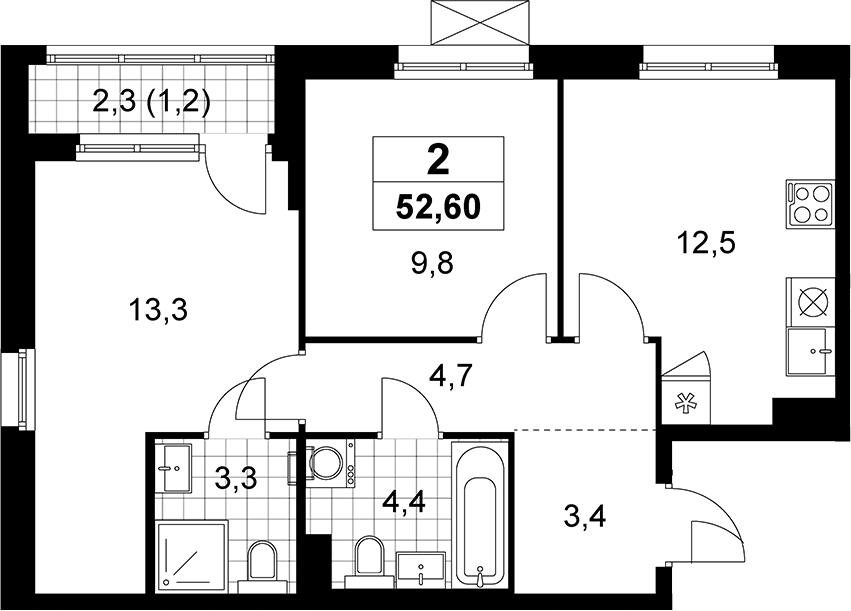 2-комн., 51.4 м², 5/15 этаж, ЖК «Прокшино»