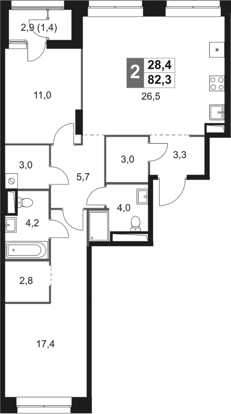 3-комн., 80.9 м², 22/31 этаж, ЖК «Скай Гарден»