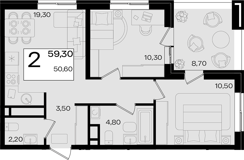 3-комн. квартира, 50.6 м² в ЖК Патрики — фото 3