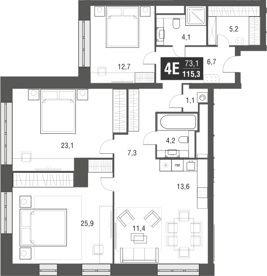 4+ комнаты, 115.3 м², 26/52 этаж, ЖК «AFI Tower»