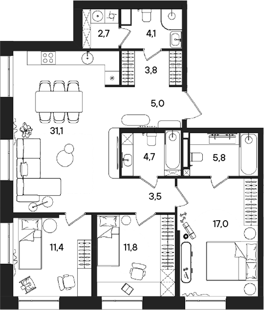 4+ комнаты, 100.9 м², 3/28 этаж, ЖК «СТОУН Райз»